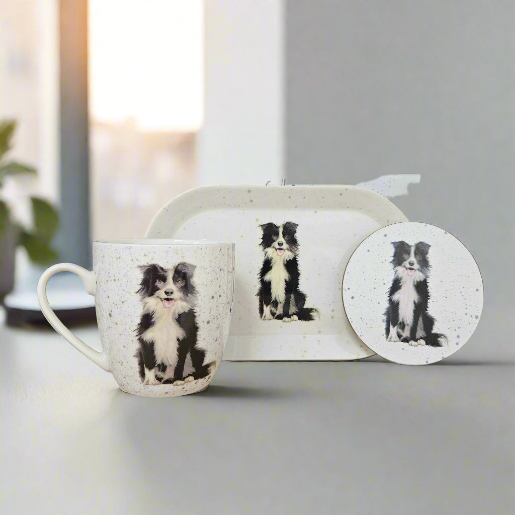 Waggy Tails Dog Gift Set - Fine China Mug and Coaster with Melamine Tray
