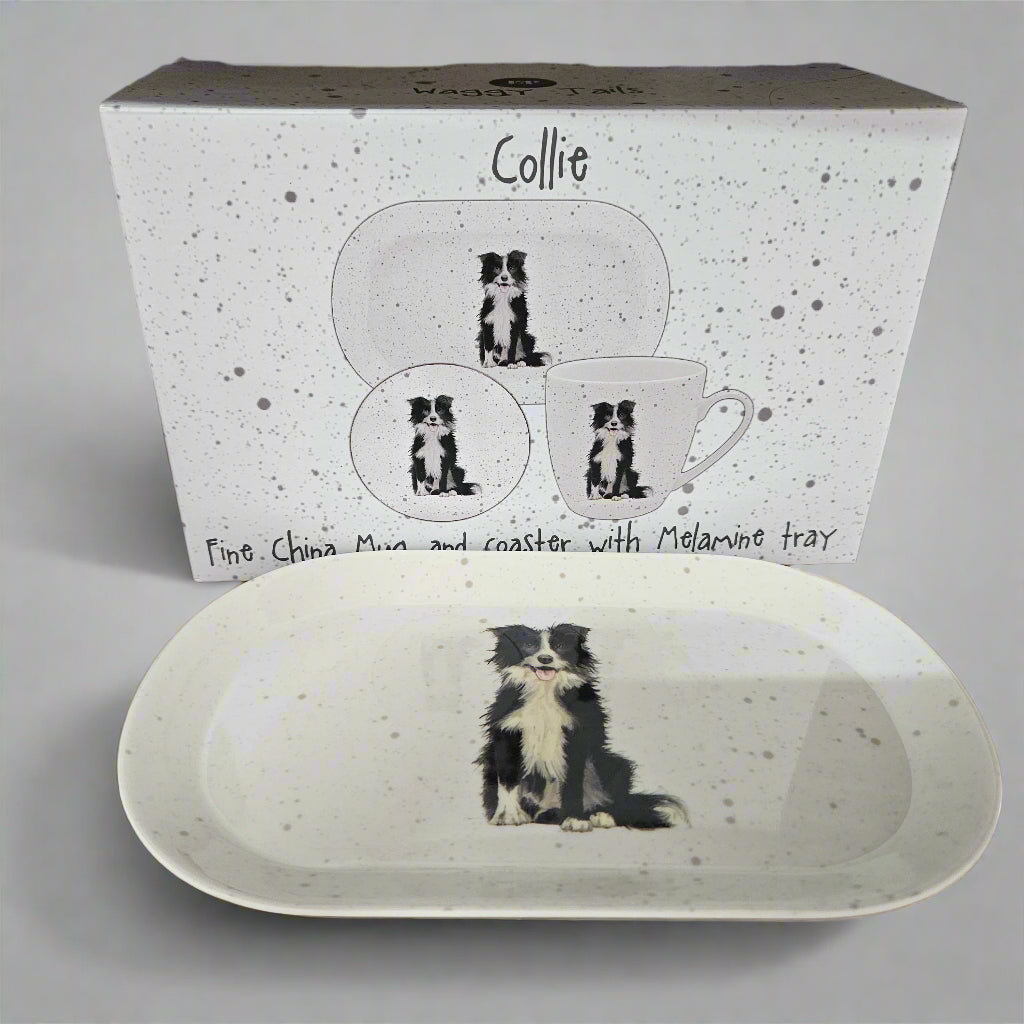 Waggy Tails Dog Gift Set - Fine China Mug and Coaster with Melamine Tray