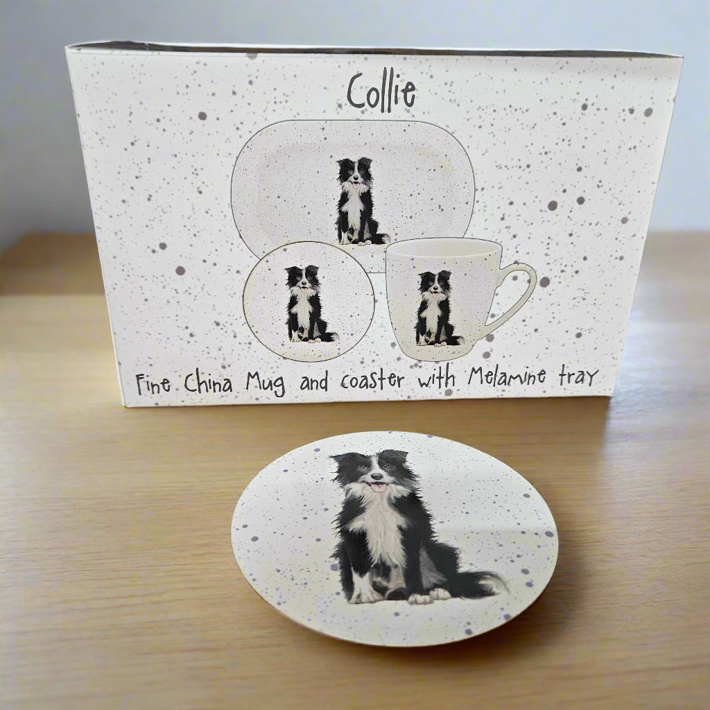 Waggy Tails Dog Gift Set - Fine China Mug and Coaster with Melamine Tray
