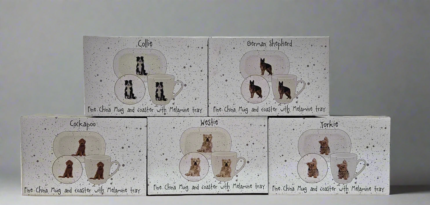 Waggy Tails Dog Gift Set - Fine China Mug and Coaster with Melamine Tray