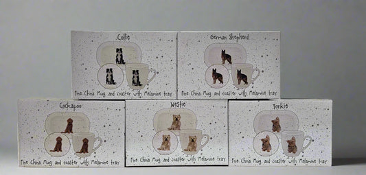 Waggy Tails Dog Gift Set - Fine China Mug and Coaster with Melamine Tray