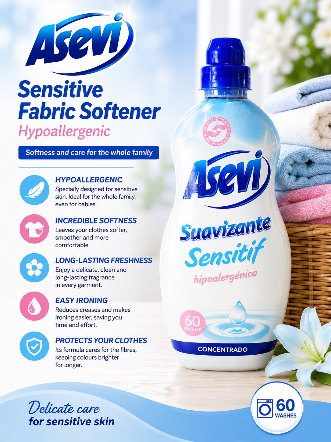 Asevi Suavizante Sensitif (Hypoallergenic Fabric Softener) 60 Washes