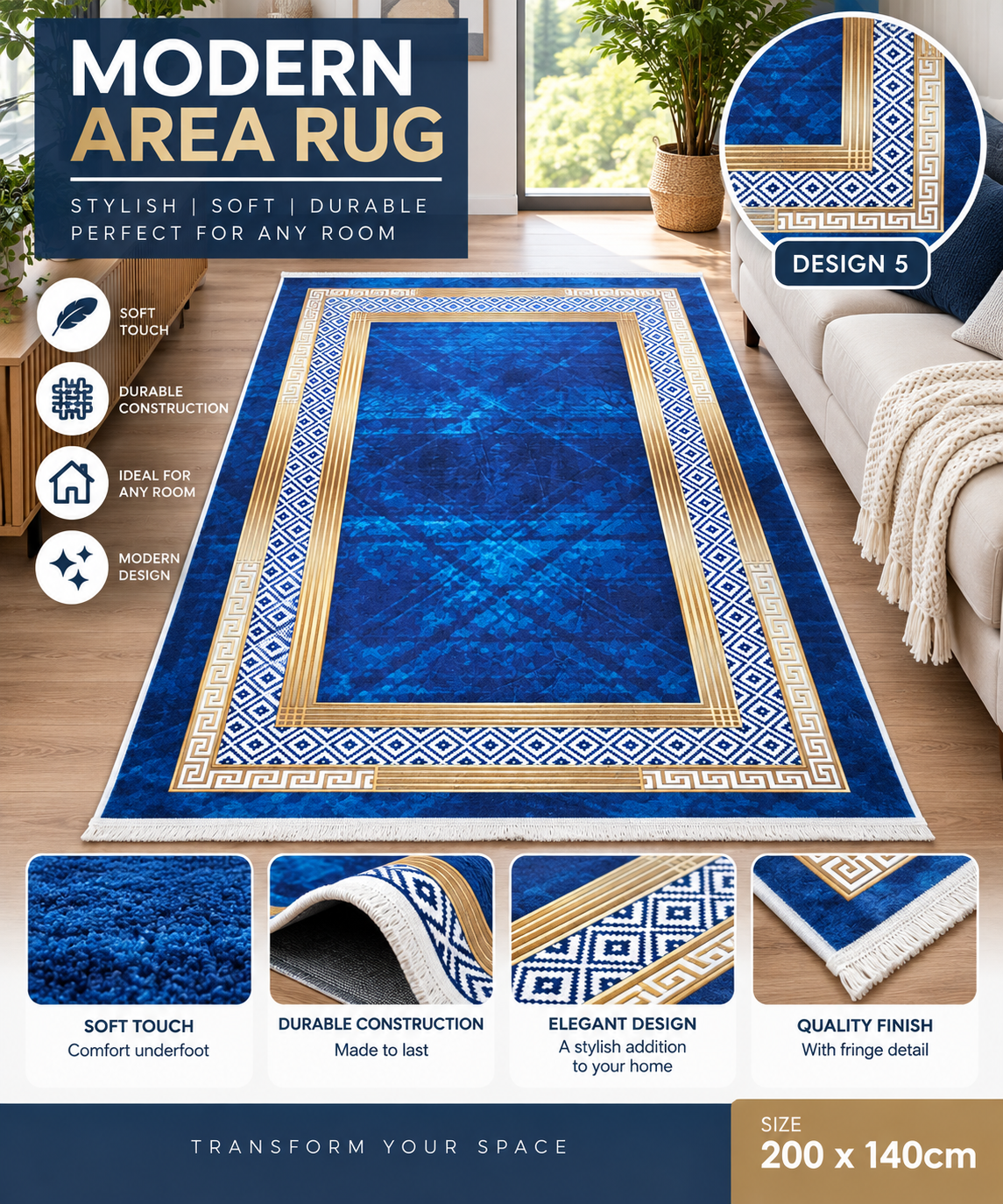 Modern Area Rug 200x140cm Large Living Room Carpet Geometric Design