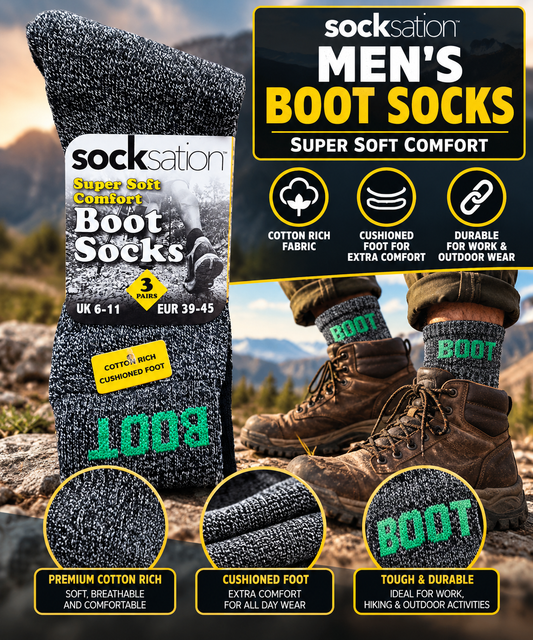3PK BOOT Socks Size 6-11