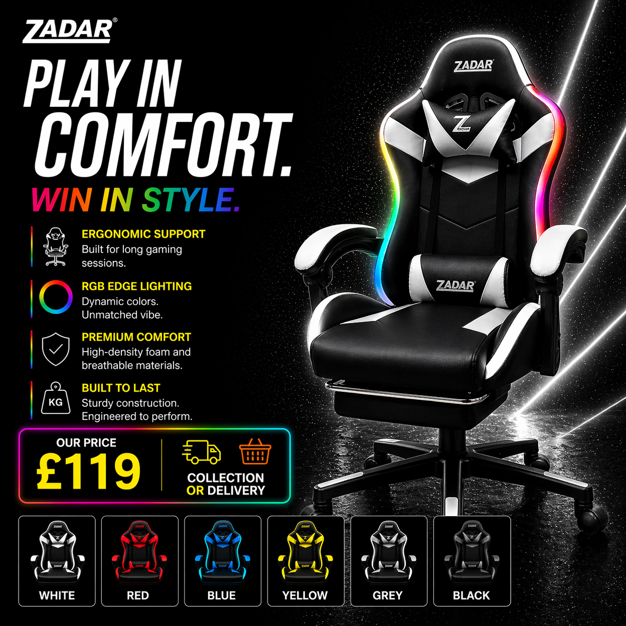 ZADAR LED Gaming Chair Ergonomic Racing Office Chair RGB Multi Colour