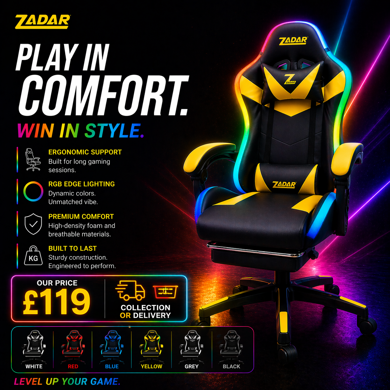 ZADAR LED Gaming Chair Ergonomic Racing Office Chair RGB Multi Colour