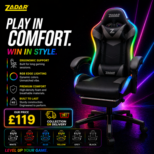 ZADAR LED Gaming Chair Ergonomic Racing Office Chair RGB Multi Colour