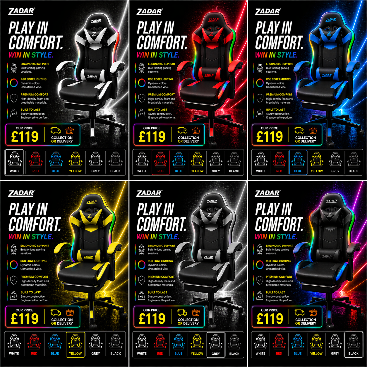 ZADAR LED Gaming Chair Ergonomic Racing Office Chair RGB Multi Colour