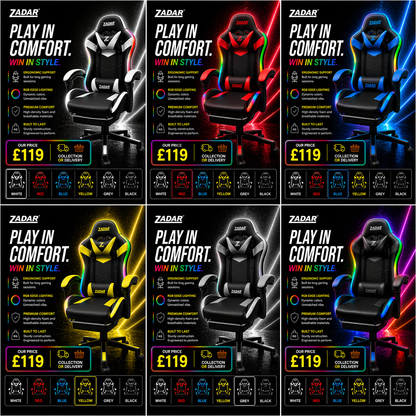 ZADAR LED Gaming Chair Ergonomic Racing Office Chair RGB Multi Colour