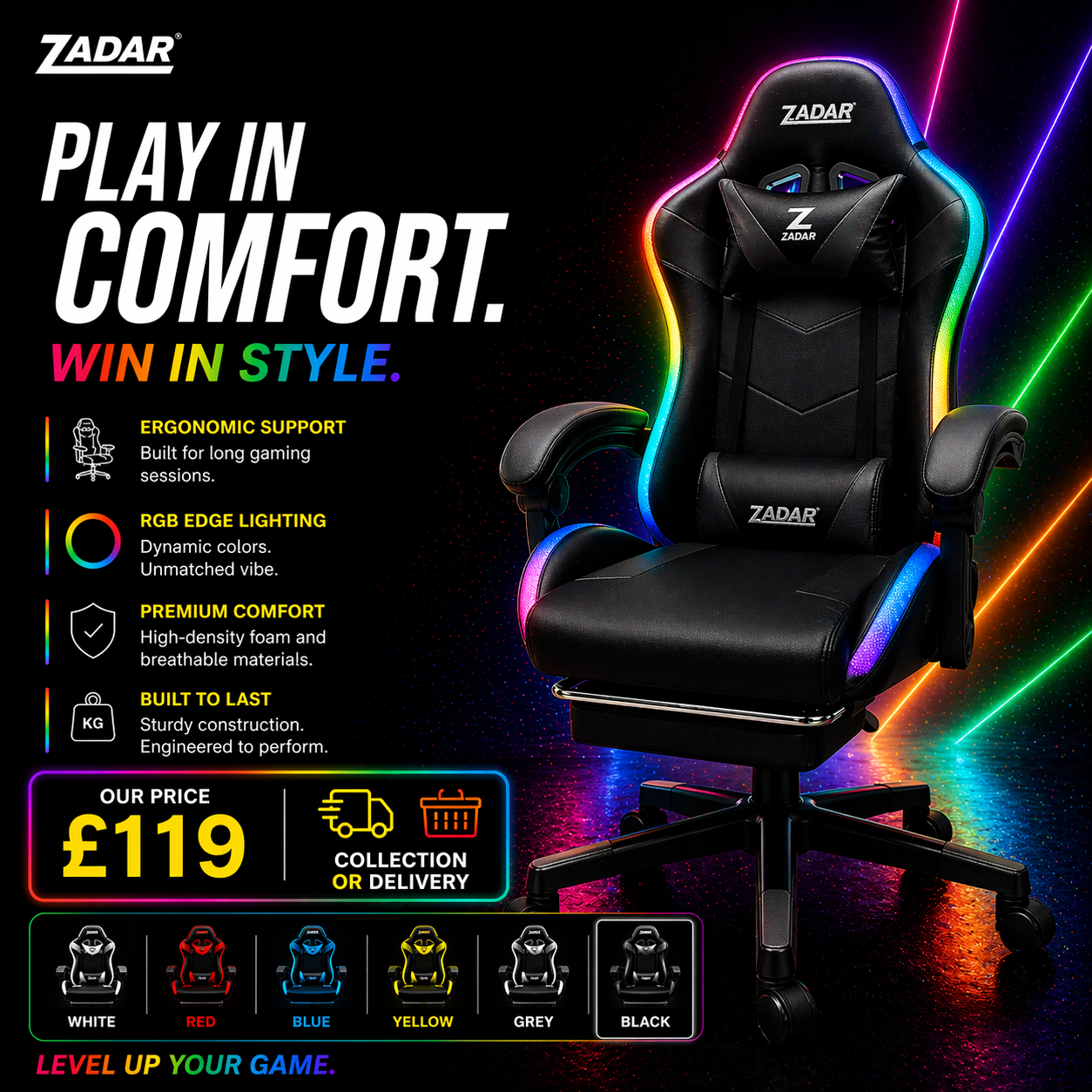 ZADAR LED Gaming Chair Ergonomic Racing Office Chair RGB Multi Colour