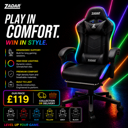 ZADAR LED Gaming Chair Ergonomic Racing Office Chair RGB Multi Colour