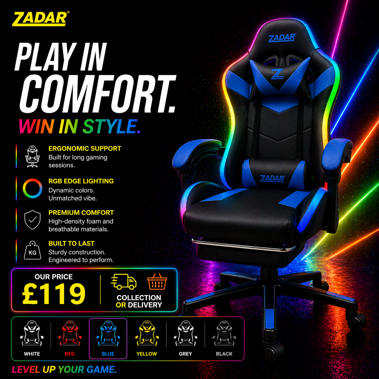 ZADAR LED Gaming Chair Ergonomic Racing Office Chair RGB Multi Colour